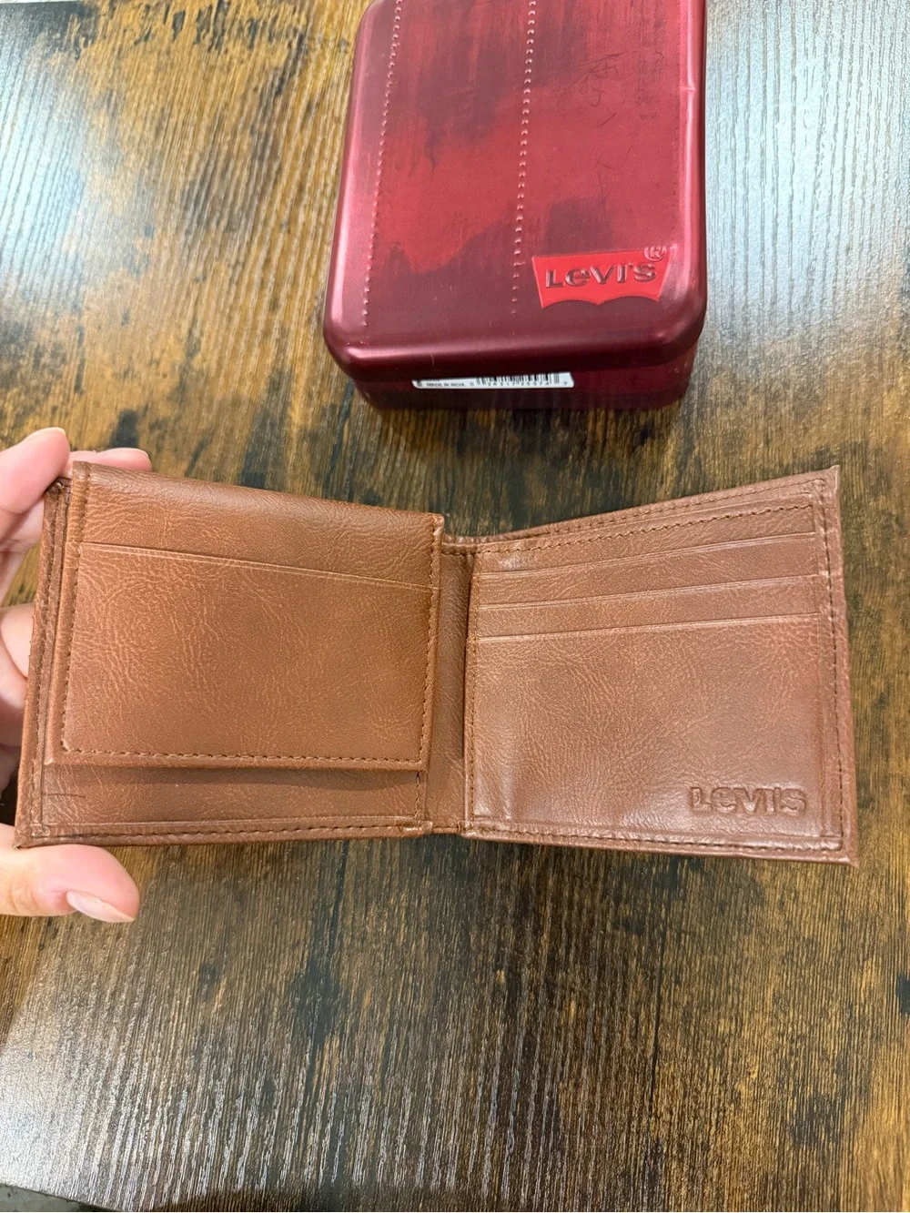 Levi's Brown Leather Bifold Wallet with Red Metal Case